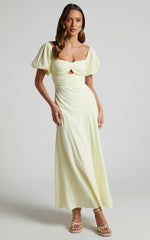 Vynna Midi Dress - Scoop Neck Puff Sleeve Ruched Bust A Line Dress in Butter Yellow