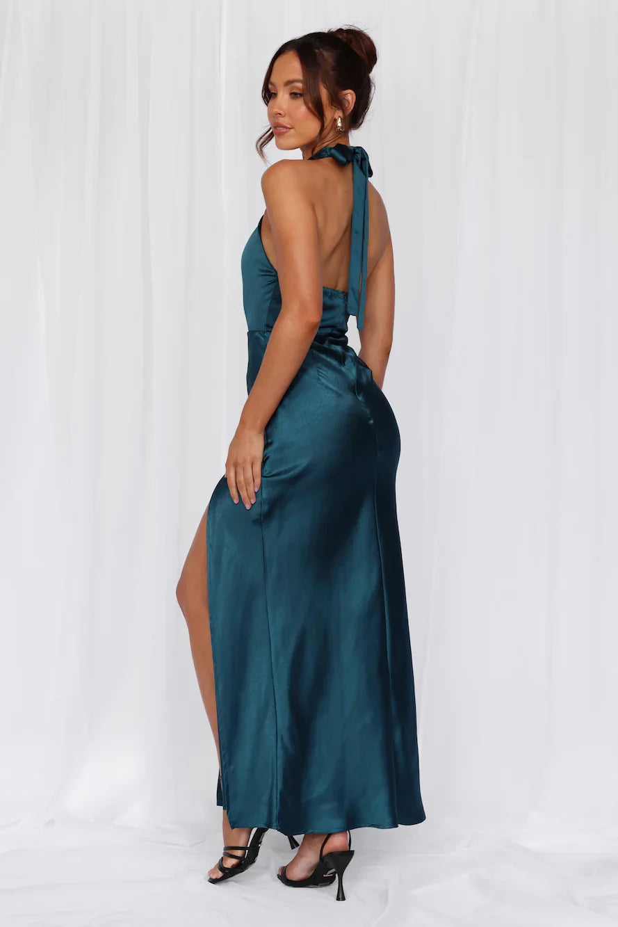 The Adeline Halter Satin Maxi Dress Teal