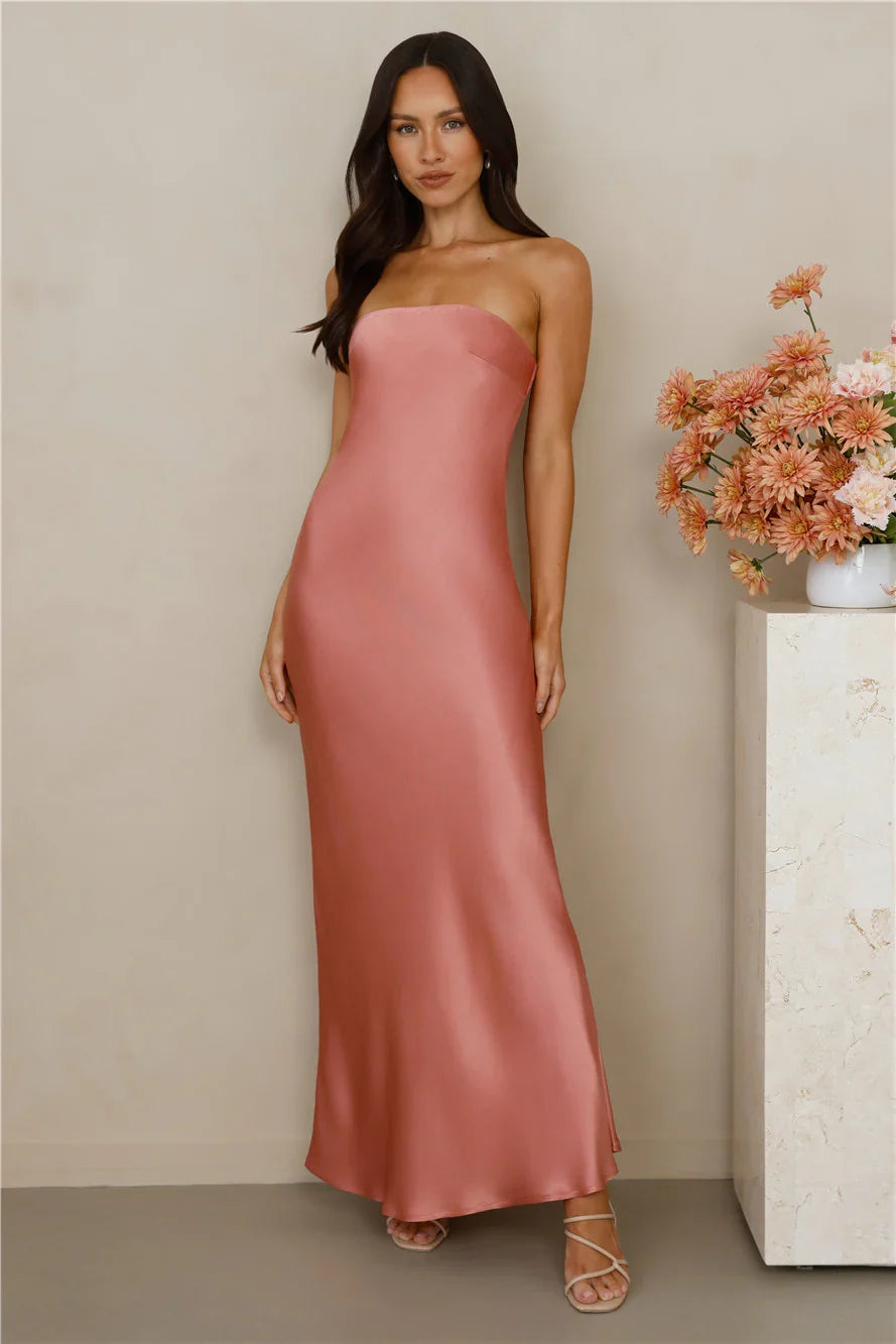 The Felicity Strapless Satin Maxi Dress Rose