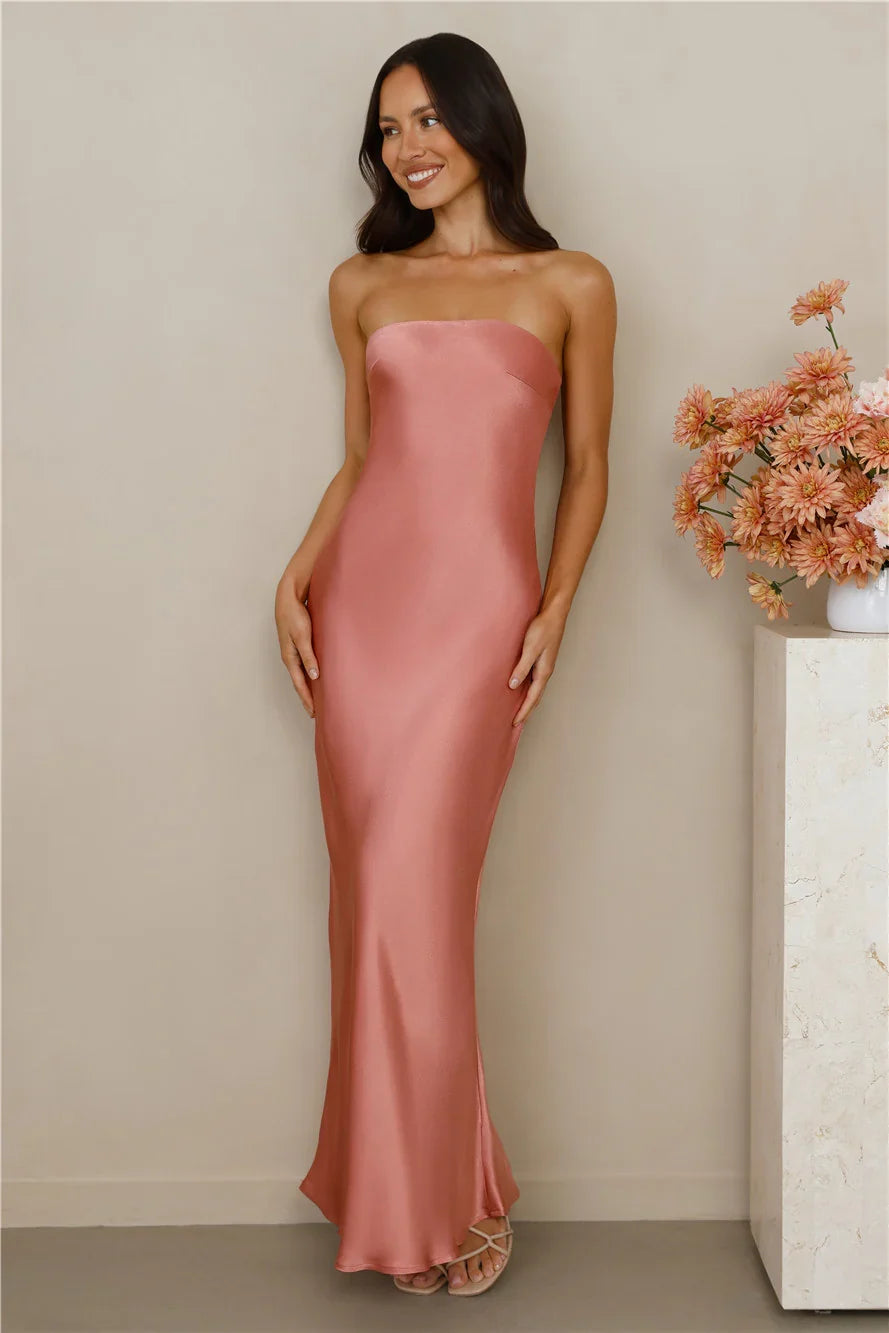 The Felicity Strapless Satin Maxi Dress Rose