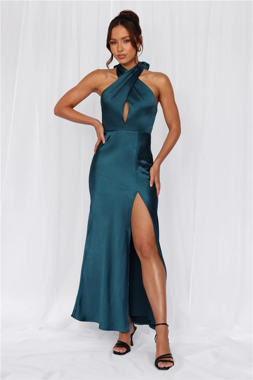 The Adeline Halter Satin Maxi Dress Teal