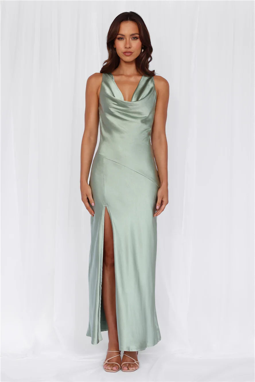 The Loretta Cowl Satin Maxi Dress Sage