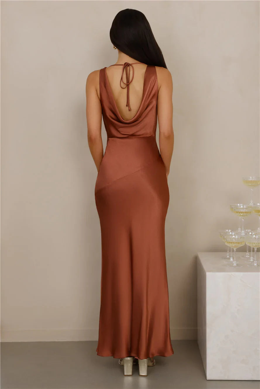The Loretta Cowl Satin Maxi Dress Copper