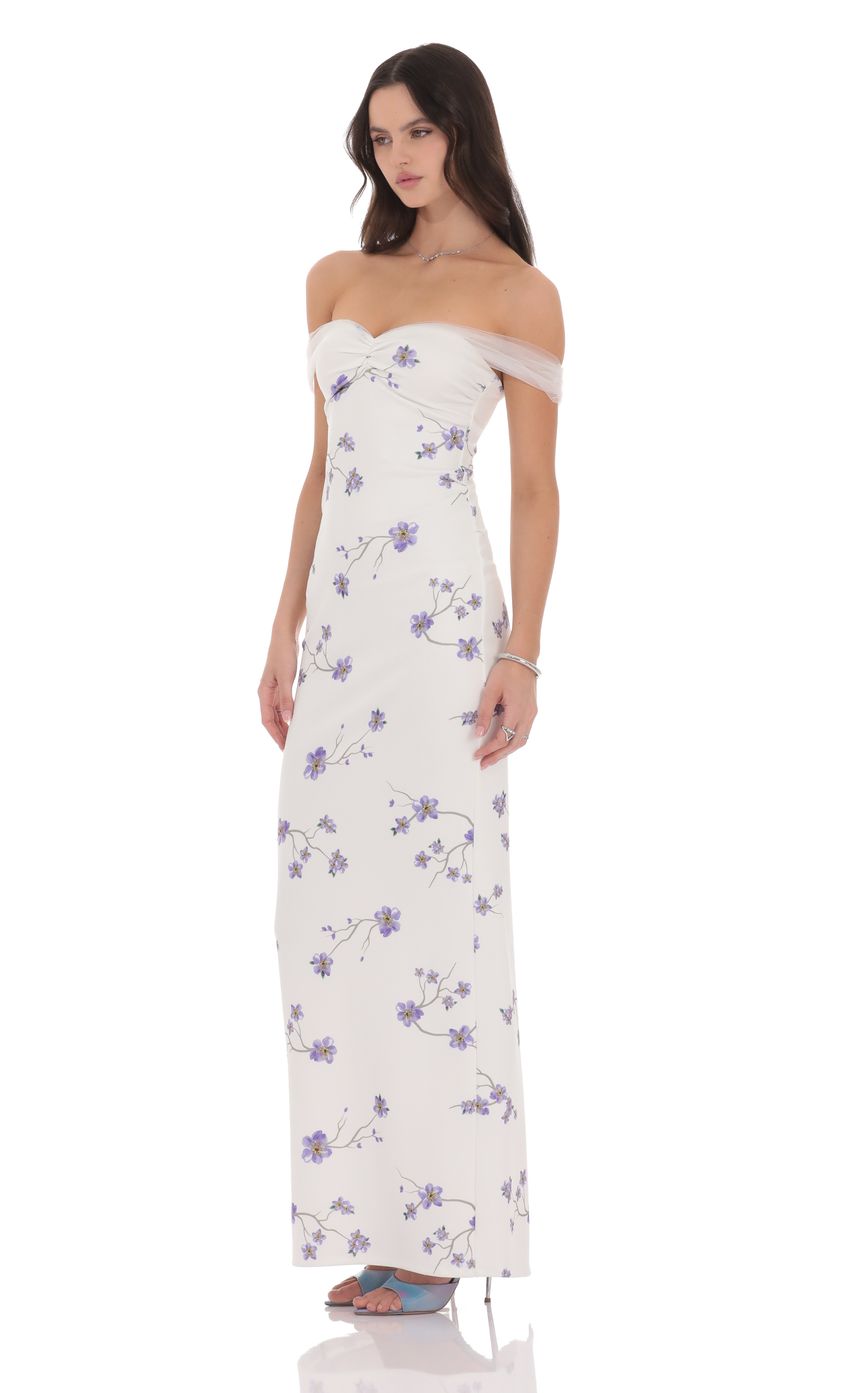 Tulle Off Shoulder Floral Maxi Dress in White