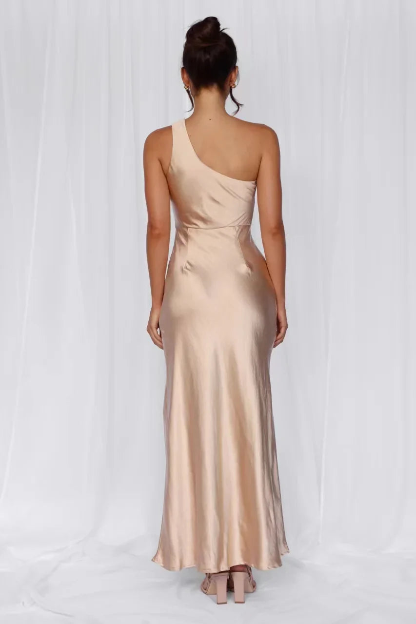 The Aurora One Shoulder Satin Maxi Dress Champagne